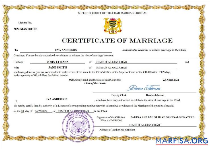Realistic Chad marriage certificate Word and PDF template